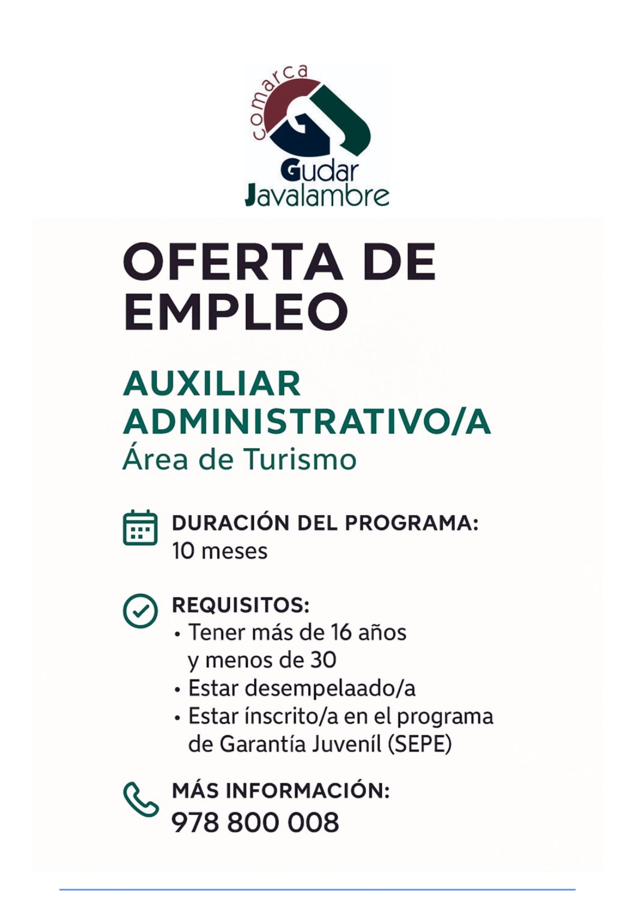 OFERTA DE EMPLEO PROGRAMA JOVEM - AUXILIAR ADMINISTRATIVO PARA EL ÁREA DE TURISMO